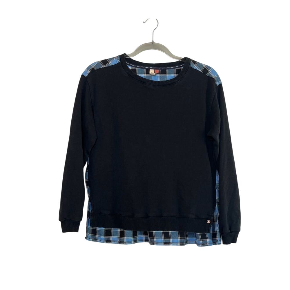 Anthropologie Pilcro Womens Contrast Flannel Sweatshirt Black Blue Plaid Size XS